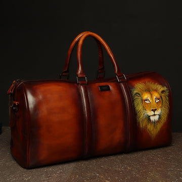 Hand Painted Lion On Tan Leather Duffle Bag by Brune & Bareskin