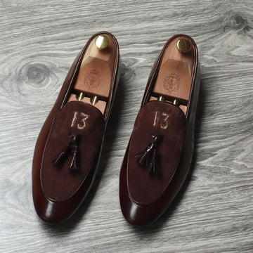 Dark Brown Glossy/Suede Leather Apron Toe Tassel Slip-On Shoes With Initials By Brune & Bareskin