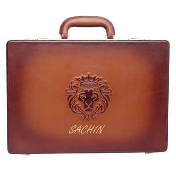 Name Initials Sachin On Handcrafted Tan Leather Laptop Briefcase with by Brune & Bareskin