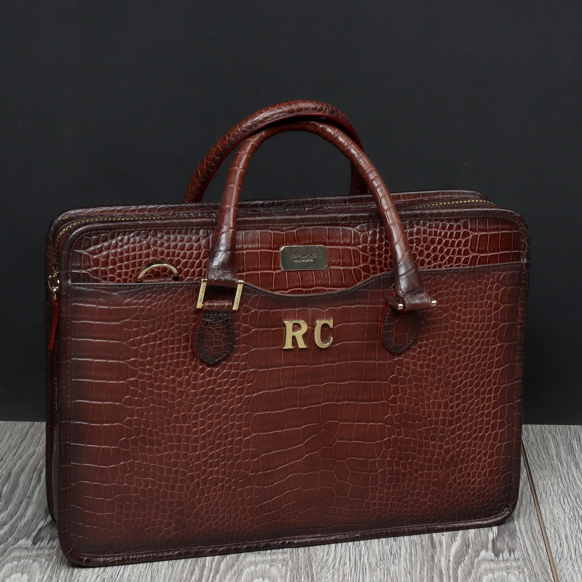 Handcrafted Brown Croco Leather Laptop Briefcase by Brune & Bareskin