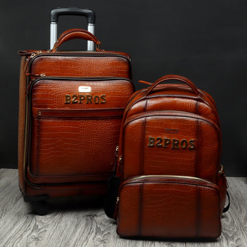 Bespoked Tan Leather Backpack & Trolly Bag by Brune & Bareskin
