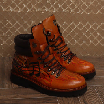 Bespoked Tan Leather Hand Painted Lace-Up Boots by Brune & Bareskin