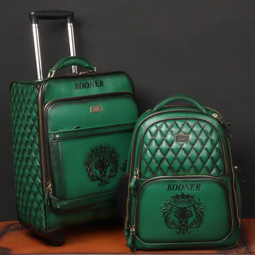 Customised Combo of Green Leather Trolly Bag & Backpack With Initials KOONER by Brune & Bareskin
