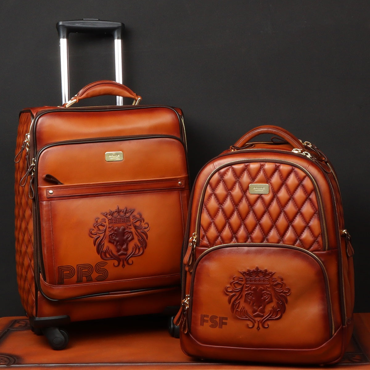 Customized Combo of Trolley Bag & Backpack of Tan Leather with Initials PRS/FSF by Brune & Bareskin