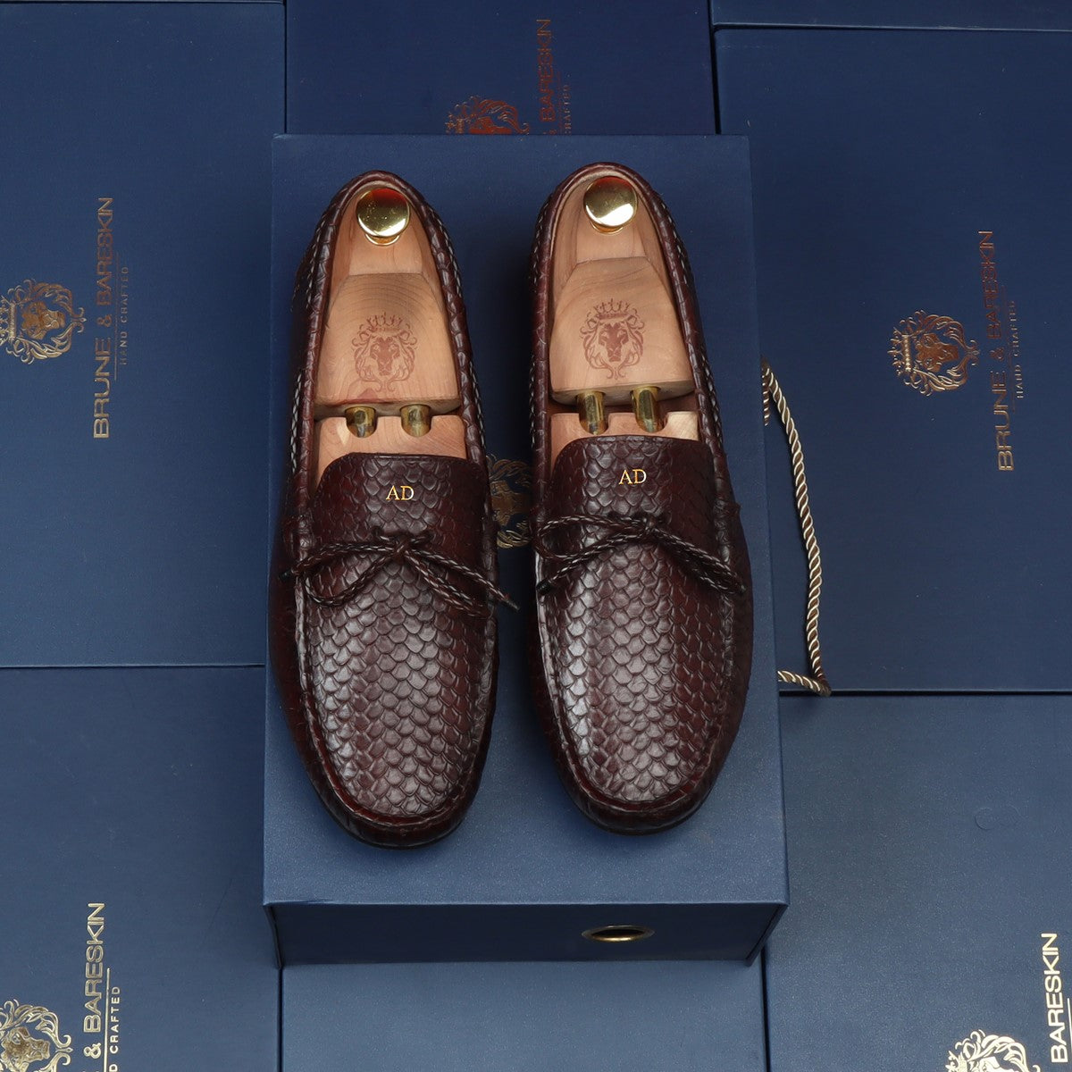Bespoke Brown Loafers Snake Scales Textured Leather Weaved Tassel Bow With Hand-painted Initials by Brune & Bareskin