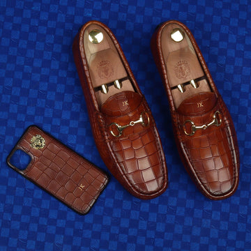 Bespoked Tan Deep Cut Croco Leather Loafers & Mobile Cover by Brune & Bareskin