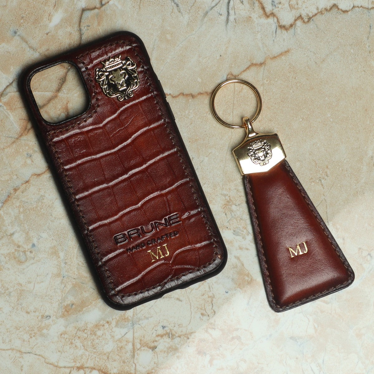 Customized Embossed Initial on Dark Brown Deep cut Leather Mobile Cover & Key Chain by Brune & Bareskin