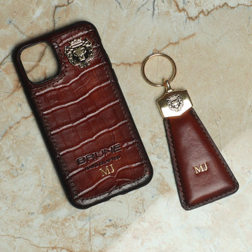 Customized Embossed Initial on Dark Brown Deep cut Leather Mobile Cover & Key Chain by Brune & Bareskin
