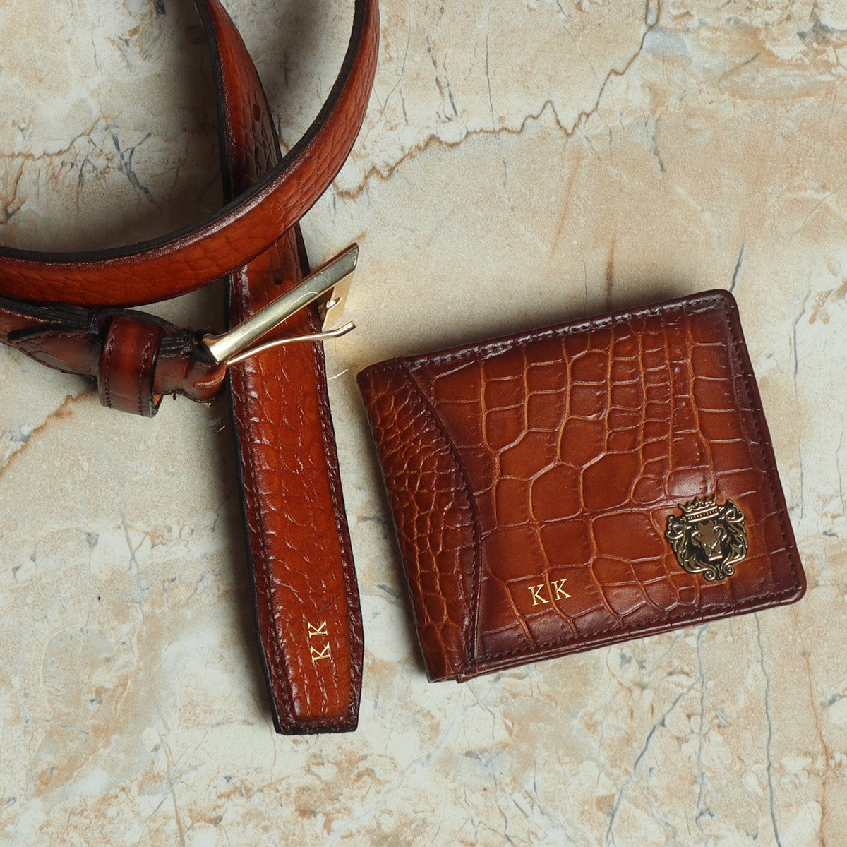 Bespoke Combo of Tan Croco Leather Wallet & Belt with Initial by Brune & Bareskin