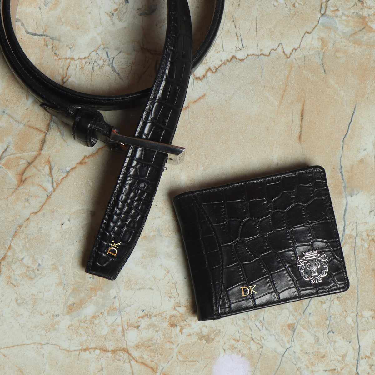 Bespoke Combo of Black Croco Leather Wallet & Belt With Initial by Brune & Bareskin