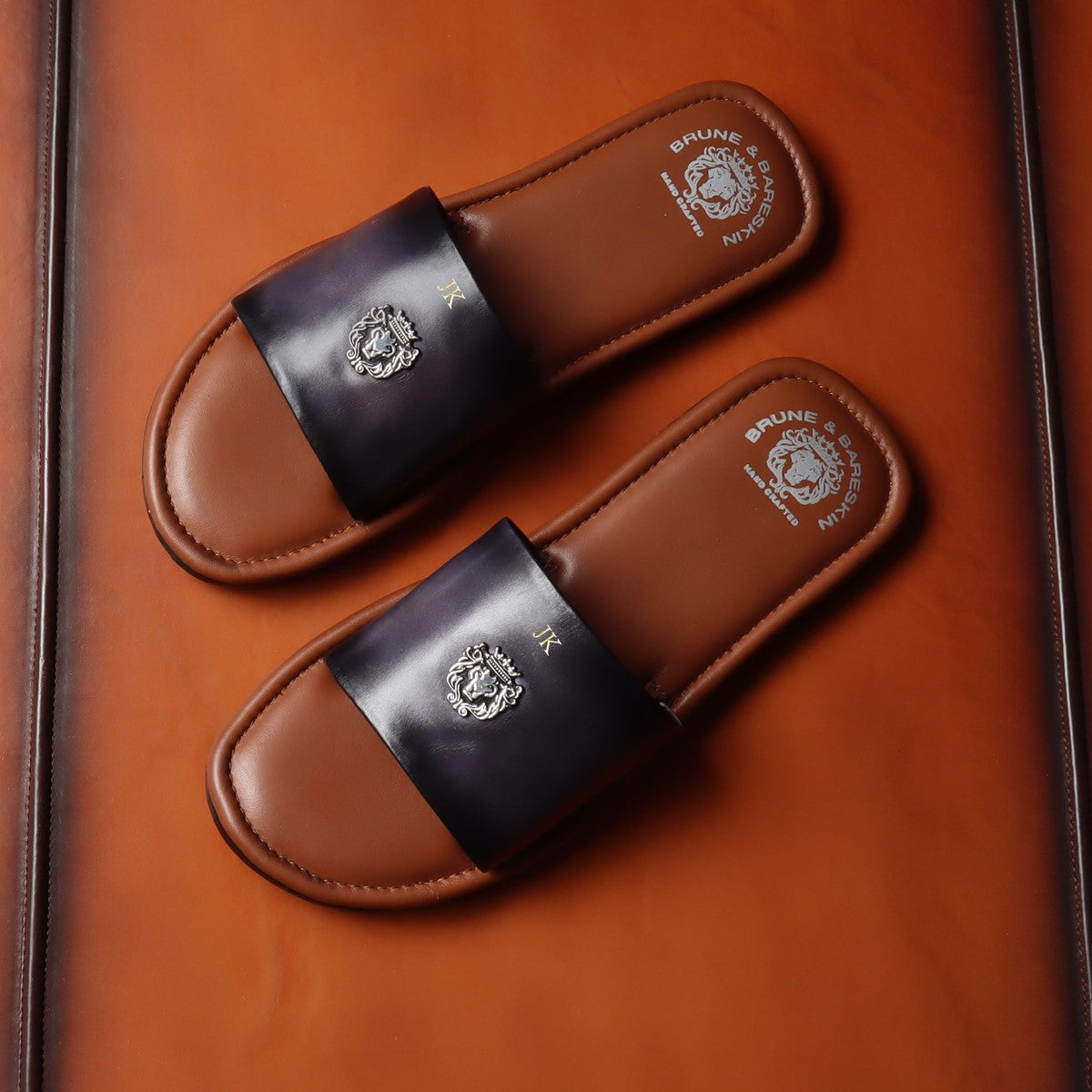 Tan-Grey Customized Slide-In-Slippers with Lion Logo by Brune & Bareskin