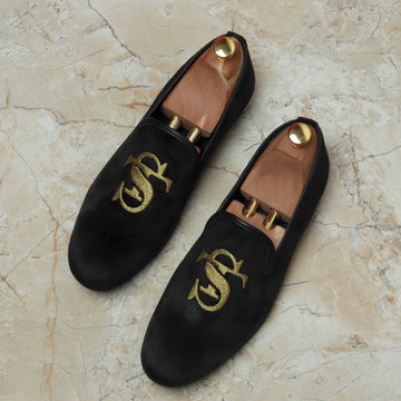 ST Initials Handcrafted Black Italian Velvet Slip-On by Brune & Bareskin