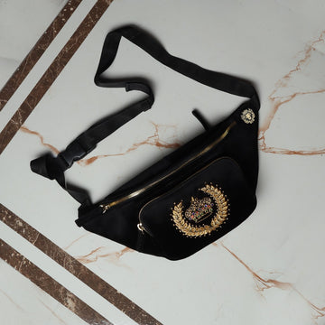 Custom Made Crown Crest Zardosi Black Velvet Multi Pockets Belt Bag by Brune & Bareskin