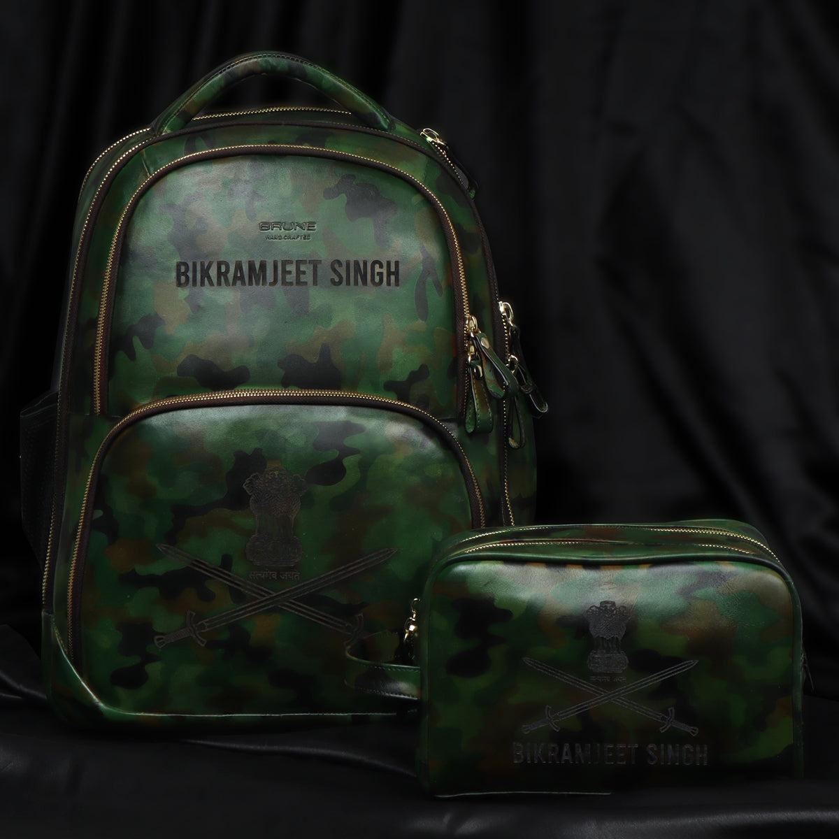 Bespoke Camo Finish Multi-Step Pockets Hand Painted Leather Backpack combo kit bag with initial name by Brune & Bareskin