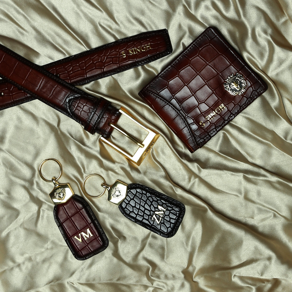 Bespoke Dark Brown Leather Wallet, Belt and Two Keychain Customized with Embossed Initial by Brune & Bareskin
