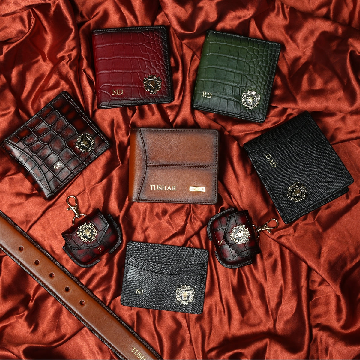 Bespoke Embossed Combo Pack of leather wallets, Airpod Carrying Case,