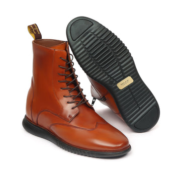 Bespoke Men's Tan Foldable Wingtip Toe Customised Light Weight High Ankle Derby Leather Boots By Brune & Bareskin
