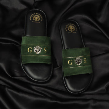Bespoke Green Suede Leather Customized Slide-In-Slippers With Signature Metal Lion and Name Initial embroidery by BRUNE BY BARESKIN