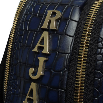 Bespoke Blue Deep Cut Leather 'RAJAT' Metal Initials Backpack by Brune & Bareskin