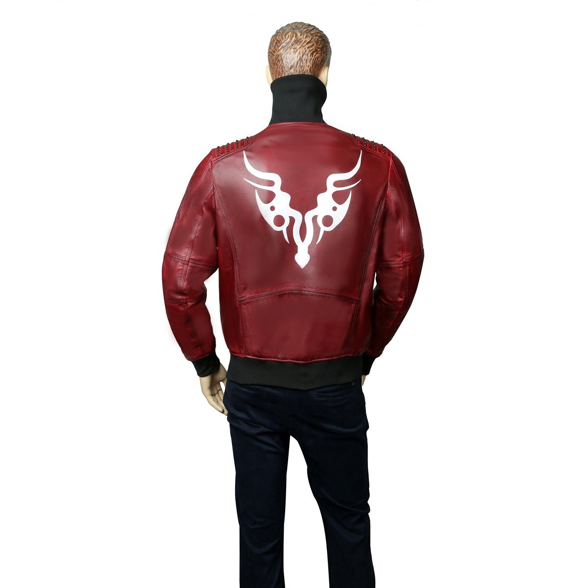 Bespoke Red Abstract Tribal Inspired Hand painting Leather Jacket with Black Stud For Men Brune & Bareskin