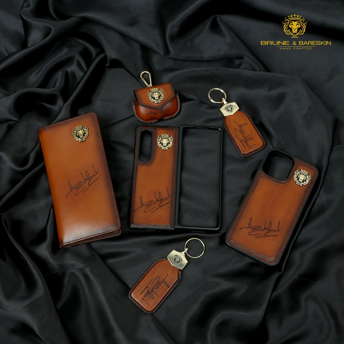Bespoke Scritto Laser Combo Pack of Mobile Cover, Key Chain, Airpod Cover and Leather Long Wallet By Brune & Bareskin