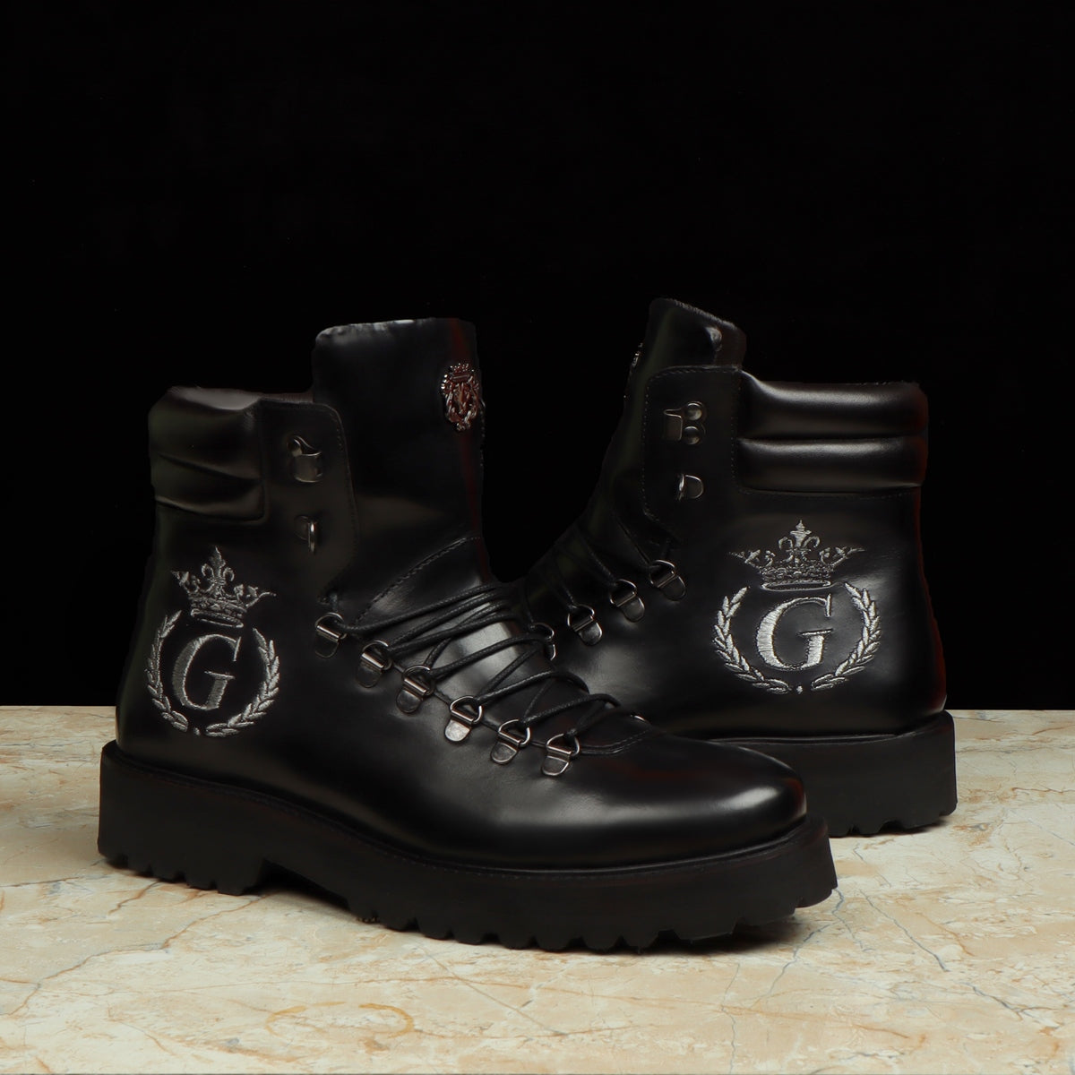 Bespoke "G" Initial Black Biker Crown Embroidery Boot For Men By Brune & Bareskin
