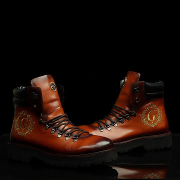 Bespoke "G" Initial Tan Leather Royal Crest Embroidery Biker Boot for Men By Brune & Bareskin