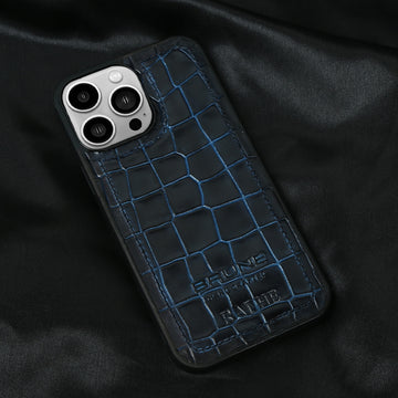Bespoke Apple iPhone 13 Series Blue Deep Cut Croco Textured Leather Mobile Cover with Embossed Initial by Brune & Bareskin