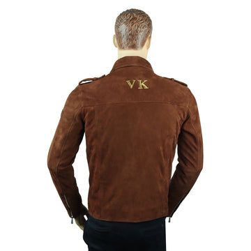 Bespoke "VK" Embroidery Initial Orangish Suede Leather Biker Jacket by Brune & Bareskin