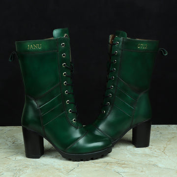 Bespoke Green Leather Long Lace Up Ladies Boots By Brune & Bareskin