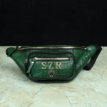 Bespoke "SZR" Metal Initial Burnished Green Croco Leather Crossbody Multi-pocket Bag By Brune & Bareskin