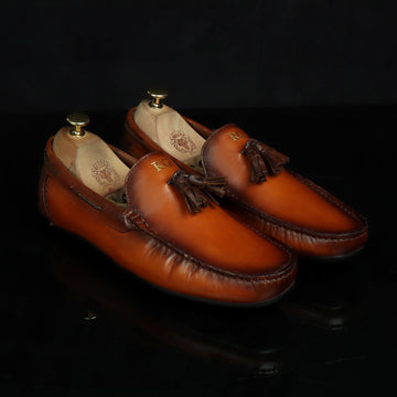 Bespoke "RG" Initial Men's Tan Leather Tassel Moccasins Loafers By Brune & Bareskin