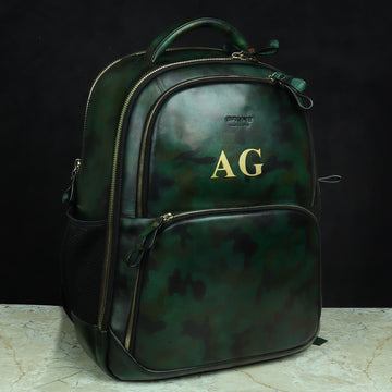 Bespoke Hand-Paint Name Initial Camo Finish Multi-Step Pockets Hand Painted Leather Backpack by Brune & Bareskin