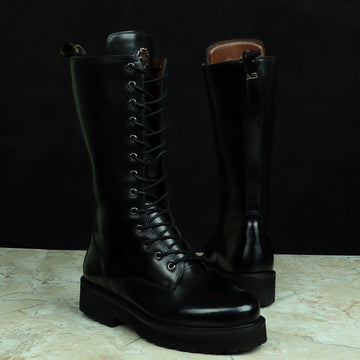Bespoke "MB" Embossed Initial Black Leather Long Lace-up Boot for ladies By Brune & Bareskin