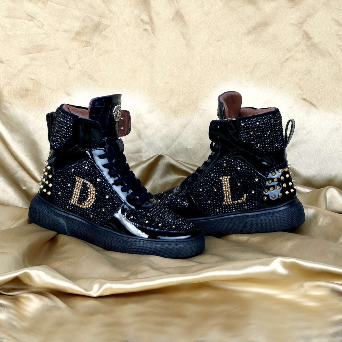 Bespoke "DL" Initial Black and Golden Swarovski Crystal Zardosi Patent Leather Sneakers with Golden Stud by Brune & Bareskin