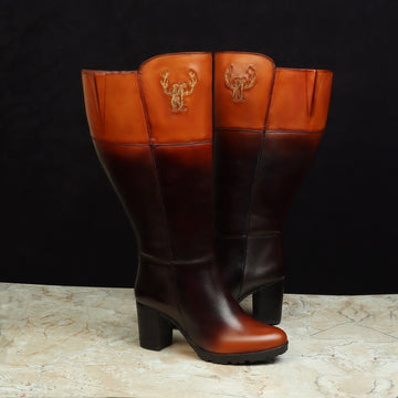 Bespoke "CK" Embroidery Initial Dual Tone Tan/Brown Knee Height Leather Long Boots By Brune & Bareskin