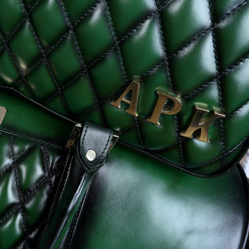 Bespoke 'APK' Metal Initial Handmade Green Leather Diamond Stitched Bag by Brune & Bareskin