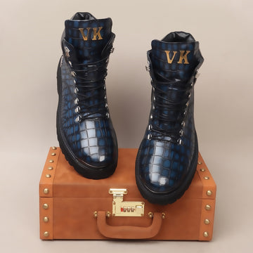 Bespoke "VK" Initial Blue Deep Cut Croco Leather Biker Boots For Men By Brune & Bareskin