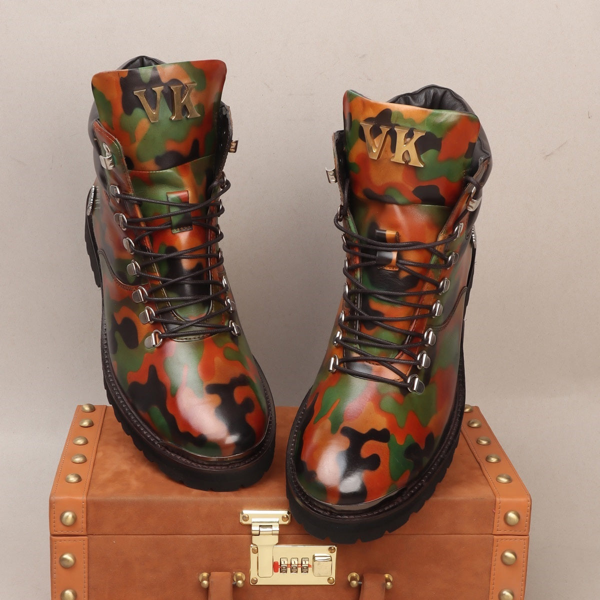 Customized "VK" Initial Camo Hand-Paint Leather Biker Boots For Men By Brune & Bareskin