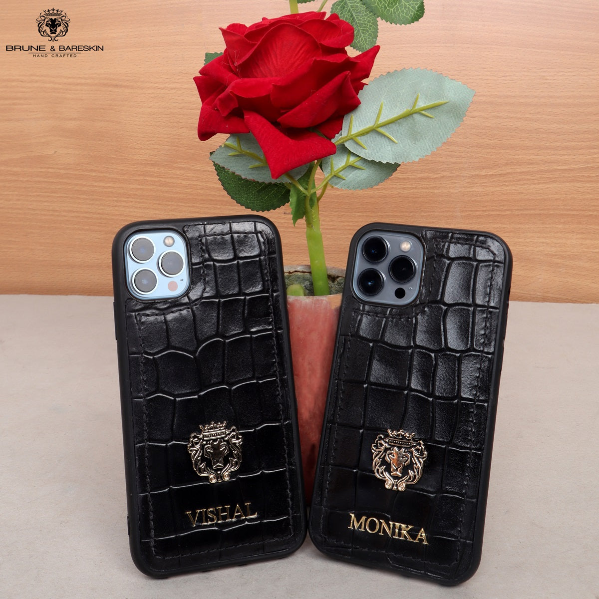 Bespoke Embossed Initial Apple iPhone 13 Series Black Deep Cut Croco Leather Mobile Cover  by Brune & Bareskin