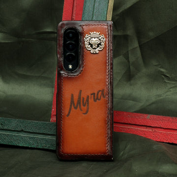 Bespoke "MYRA" Initial Tan Darker Scritto laser Leather Mobile Cover By Brune & Bareskin