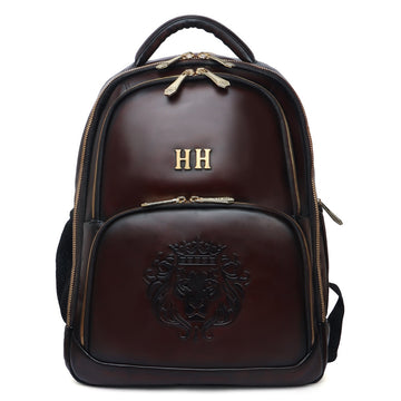 Bespoke 'HH' Metal Initials Dark Brown Leather Backpack with Embossed Logo by Brune & Bareskin