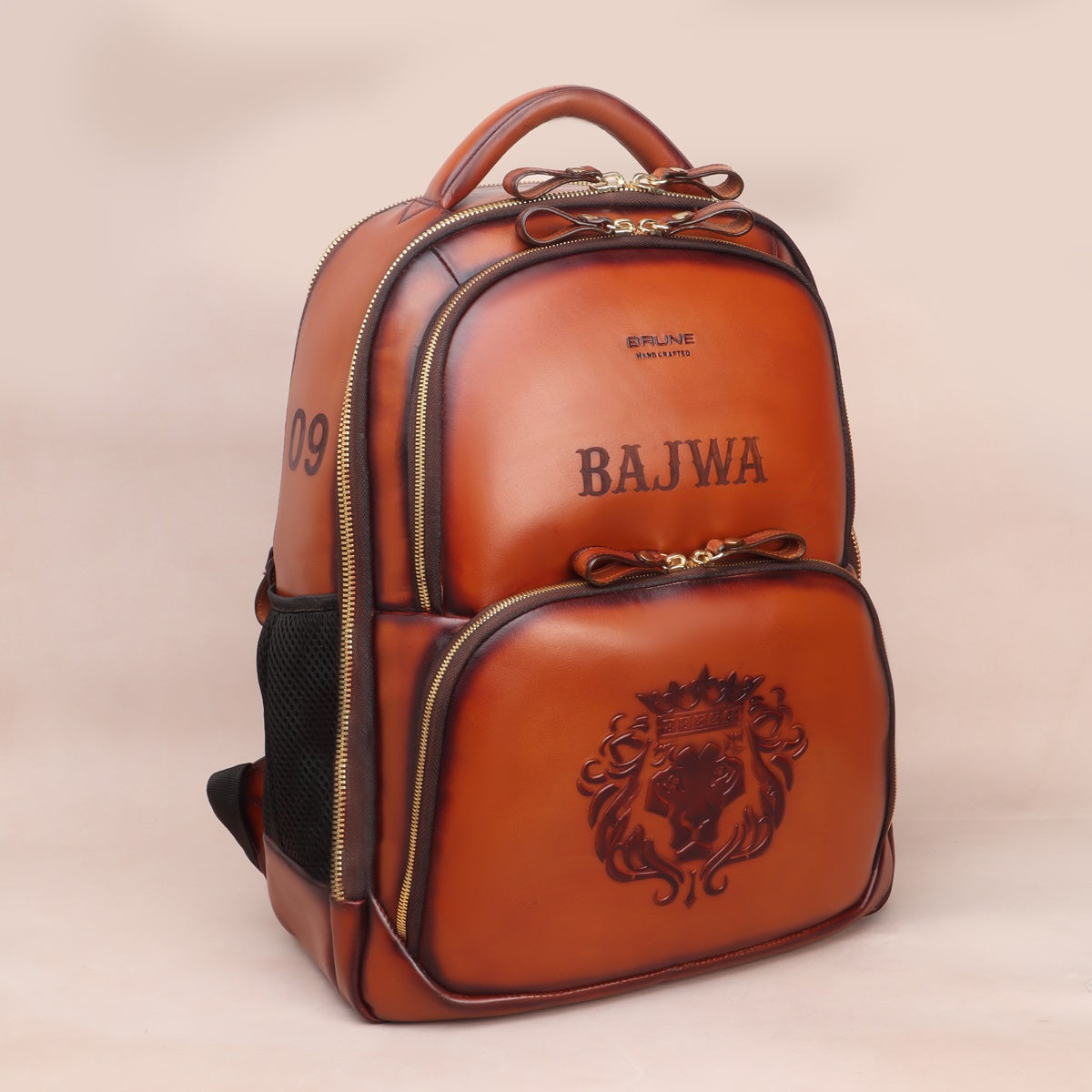Customised Name Initials "BAJWA" & "09" Tan Leather Hand Painted Backpack  by Brune & Bareskin