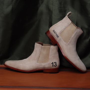 Bespoke Hand-Painted Name Initial Beige Suede Leather Chelsea Boots For Men by Brune & Bareskin