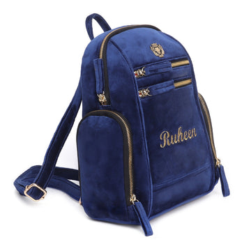 Customized Embroidered Name Initial Blue Velvet Signature Lion Logo Women's Backpack By Brune & Bareskin