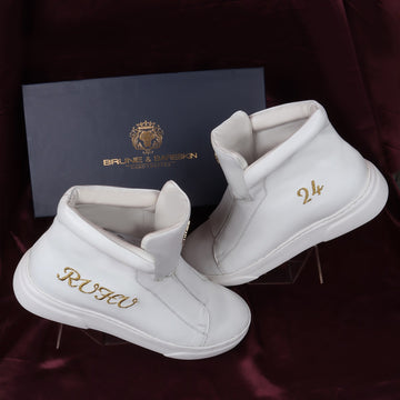 Bespoke Royal Embroidery Initial White Leather Mid-Top Sneakers With Stretchable Closure by Brune & Bareskin