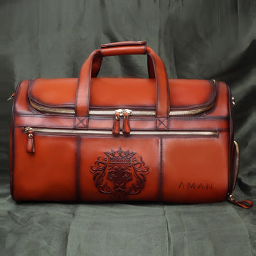 Bespoke Hand-Painted Tan Darker Embossed Lion Multi-Pockets Burnished Leather Duffle Bag By Brune & Bareskin