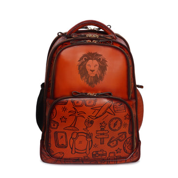 Personalized Laser Lion Hand Painted Doodle Art Tan Leather Backpack By Brune & Bareskin