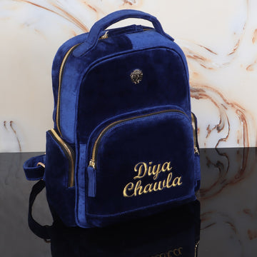 Customized "DIYA CHAWLA" Embroidered Initial Blue Velvet Signature Lion Logo Women's Backpack By Brune & Bareskin