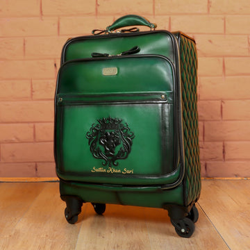 Customized Hand-Painted Name Initial Green Leather Diamond Stitched Quad Wheel Trolly Bag by Brune & Bareskin